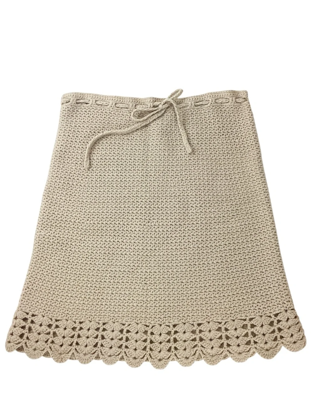 DKNY 100% Lambswool Knit Skirt Size M Tan Crochet Scallop Hem Drawcord
